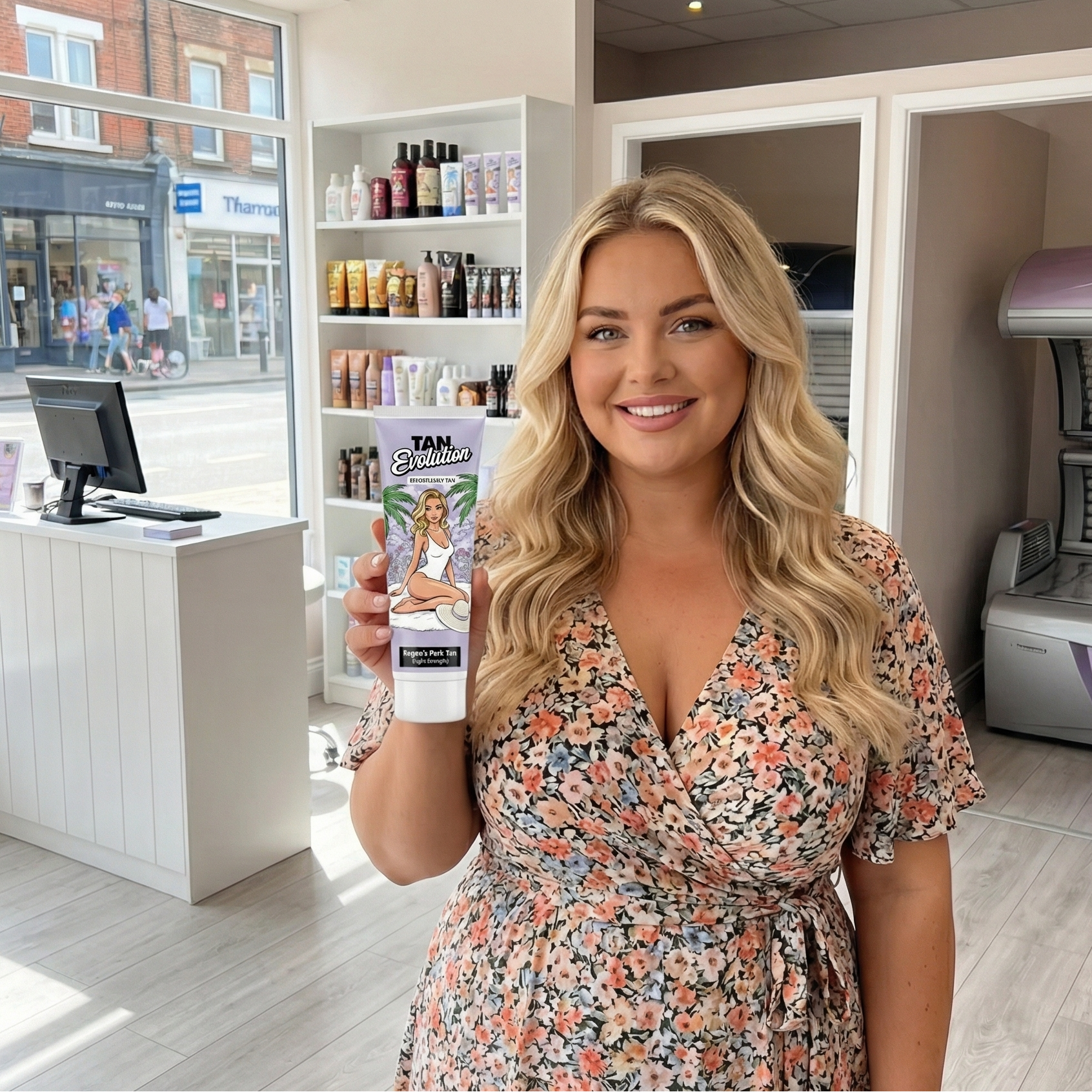 Woman holding a product in a tanning salon